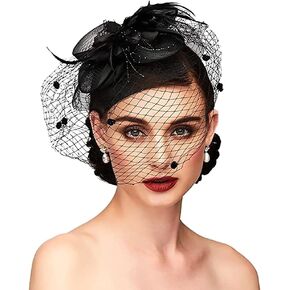SIQITECHNO Fascinators Hat with Mesh and Feathers for Women Tea Party Veil Headwear for Wedding Cocktail Bridal Church