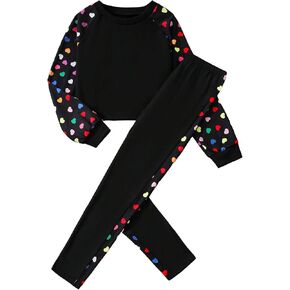 GORGLITTER Girl's 2 Piece Outfits Heart Print Long Sleeve Crewneck Sweatshirt and Sweatpant Fall Clothing Set