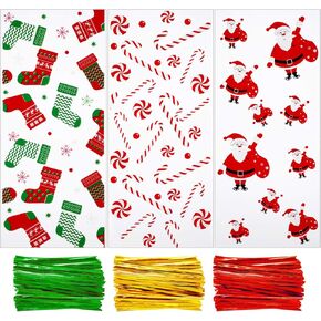 150 Pieces Clear Treat Bags Christmas Cellophane Bags with Christmas Stocking Candy Cane Santa Claus Print and 150 Pieces Twist Ties for Party Supplies, 3 Styles