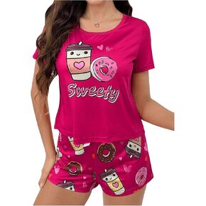 SHENHE Women's 2 Piece Cow Print Round Neck Short Sleeve Cute Drawstring Shorts Pajama Set