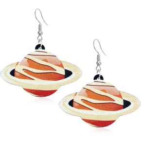Handmade Lightweight Wooden Flying UFO Drop Earrings Cute Bohemian Natural Wood Planet Shaped Dangle Drop Earring Astronaut Novelty Hook Earring for Women