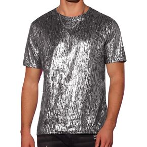 Lars Amadeus Metallic Tee for Men's Round Neck Short Sleeves Club Sparkle Shiny T-Shirt Top
