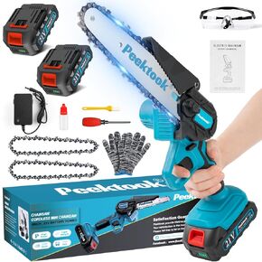 Mini Chainsaw 6-Inch, Peektook Electric Chainsaw Cordless Chain saw with 2 Large Capacity Battery & 2 Chains, Light Weight Battery Chainsaw Mini Saw with Safety Lock and Strong Motor for Tree Trimming