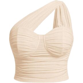 MakeMeChic Women's Plus Size One Shoulder Solid Ruched Bustier Corset Sleeveless Crop Tank Top