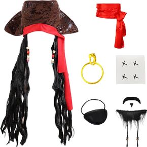 Pirate Hat Adult Costume Man with Pirate Sash Belt Eye Patch Accessories Halloween Costume for Men
