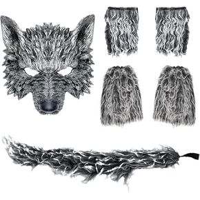 6pcs Werewolf Wolf Costume，Wolf costume accessories set include Wolf Mask with Wolf Tail and Gloves ，Halloween Werewolf Costume for Womem Men Parties Carnivals and Gift，Grey