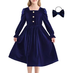 Rolanko Girls Velvet Fall Dress Square Neck Puff Long Sleeve Christmas Party Dress Kids with Pockets 5-12 Y