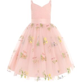 IBTOM CASTLE Flower Girls Spaghetti Strap Tulle Dress Long A Line Formal Wedding Pageant Princess Birthday Party Dance Gown