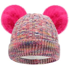 Girls Rainbow Pom Pom Beanies Hats Winter Knit Fleece Lined Beanie Hat for Kids Outdoor Snow Ski Skull Cap Age 7-12
