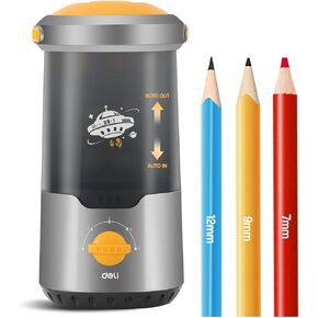 deli Electric Pencil Sharpener, Fully Automatic Spaceship Styling Pencil Sharpener, Auto in & Out, Rechargeable Hands-Free Pencil Sharpener for 6.9-10.8mm, Home, Classroom, Battery Operate, Black