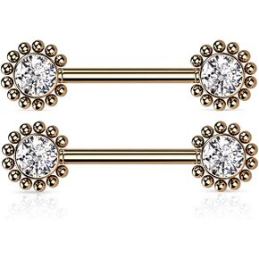 Pierced Owl - 14GA Stainless Steel Threadless Push-in Beaded Ball Edge CZ Crystal Center Nipple Barbells, Sold as a Pair