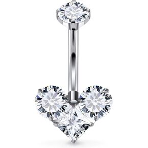 14G Astm F136 Titanium Internally Threaded Long Belly Button Ring Piercing Jewelry Heart Cubic Zirconia Navel Rings Stud Belly Barbell Piercing Jewelry for Women 10MM 12MM 14MM Belly Bars