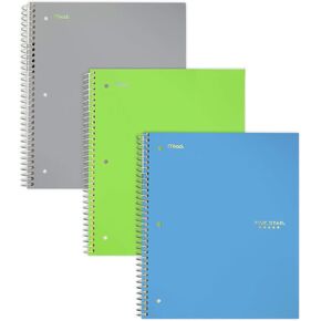Five Star Spiral Notebooks, 1 Subject, Wide Ruled Paper, 100 Sheets, 10-1/2" x 8", Teal, Lime, Gray, 3 Pack (73057)