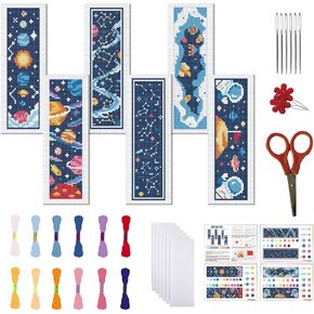 FREEBLOSS 6 Set Cross Stitch Bookmark Stamped Cross Stitch Kit with Cartoon Universe Patterns Embroidery Kit with Instruction DIY Bookmark Kit for Gift Adults 8.66''x3.14''