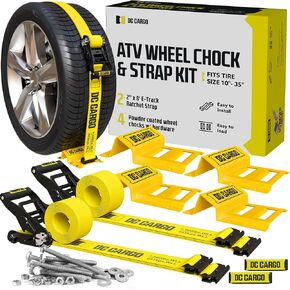 ATV & UTV Wheel Chock Tie Down Kit - 4 Tire Kit with 8x E-Track Wheel Chock, 4x UTV Wheel Tie Down Straps - UTV Tie Down System for ATVs, Riding Mower - Heavy Duty Trailer Tie Downs with Ratchet Strap