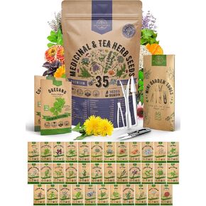 30 Medicinal & Tea Herb Seeds Variety Pack for Planting Indoor & Outdoors. 7000+ Non-GMO Heirloom Herbal Garden Seeds: Anise, Bergamot, Borage, Cilantro, Chamomile, Dandelion, Rosemary Seeds & More