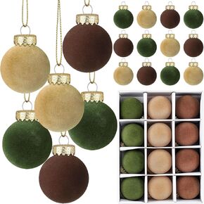 12 Pcs Velvet Christmas Balls Flocked Christmas Tree Ball Ornaments Shatterproof Plastic Hanging Balls Decorations for Xmas Tree Home Holiday Decor (Brown, Green, Beige, 6 cm)