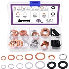 Swpeet 56Pcs M10 M12 M14 M16 M18 M20 Metric Steel Oil Drain Plug and Aluminium Washer Gasket Assortment Kit, Oil Crush Washers Seals Kit Compatible with Jeep GM Ford Toyota Most Cars