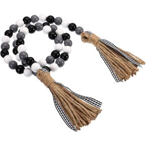 PATIKIL 42in Wood Beads Garland with Tassels, Farmhouse Beads Rustic Country Decor Prayer Beads for Wall Hanging Home Decoration, Black White Gray
