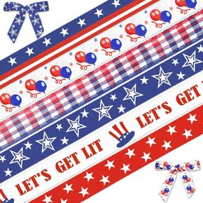 Hying 12 Rolls Patriotic Ribbon for Wrapping Gifts, Patriotic Grosgrain 4th of July Ribbons for Gift Wrapping Decoration DIY, 3/8" X 12 Yards Blue Red Star Ribbon for 4th of July Decor Party Supplie