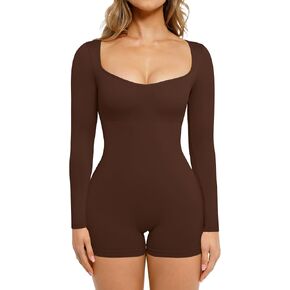 Popilush Long Sleeve Jumpsuit for Women Athletic Romper Ribbed Fall Workout Shorts Yoga Sweetheart Neck Body Suits