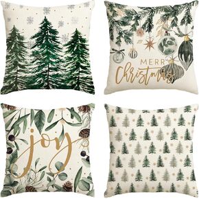 AVOIN colorlife Merry Christmas Trees Snowflake Throw Pillow Covers, 18 x 18 Inch Joy Xmas Balls Winter Holiday Cushion Case Decoration for Sofa Couch Set of 4