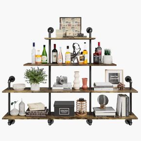 Industrial Pipe Shelving - 4 tier Rustic Solid Wood and Heavy Duty Metal Pipe Shelves for Wall, Kitchen Shelves Wall Mounted, Floating Bookshelf, Large Wall Shelves for Bathroom, Living Room, Bar