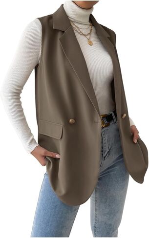 GORGLITTER Women's Long Vest Sleeveless Button Up Work Office Cardigan Blazer Vest in Kuwait