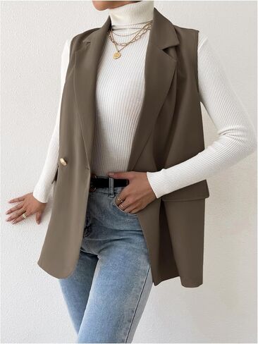 GORGLITTER Women's Long Vest Sleeveless Button Up Work Office Cardigan Blazer Vest in Kuwait