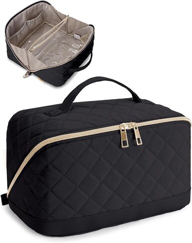 Wandering Nature Travel Makeup Bag,Travel Make up Bag with Large Capacity,Quilted Makeup Organizer Bag, Open Flat Travel Toiletry Bag for Women Cosmetic Bag with Divider and Handle,Patent Pending in Saudi Arabia