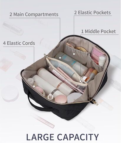 Wandering Nature Travel Makeup Bag,Travel Make up Bag with Large Capacity,Quilted Makeup Organizer Bag, Open Flat Travel Toiletry Bag for Women Cosmetic Bag with Divider and Handle,Patent Pending in Saudi Arabia