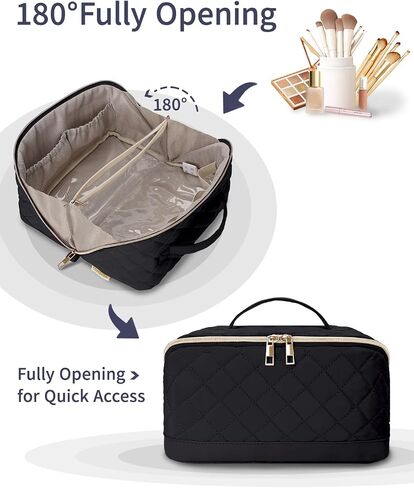 Wandering Nature Travel Makeup Bag,Travel Make up Bag with Large Capacity,Quilted Makeup Organizer Bag, Open Flat Travel Toiletry Bag for Women Cosmetic Bag with Divider and Handle,Patent Pending in Saudi Arabia