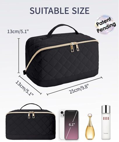 Wandering Nature Travel Makeup Bag,Travel Make up Bag with Large Capacity,Quilted Makeup Organizer Bag, Open Flat Travel Toiletry Bag for Women Cosmetic Bag with Divider and Handle,Patent Pending in Saudi Arabia