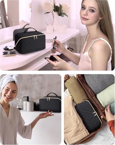 Wandering Nature Travel Makeup Bag,Travel Make up Bag with Large Capacity,Quilted Makeup Organizer Bag, Open Flat Travel Toiletry Bag for Women Cosmetic Bag with Divider and Handle,Patent Pending in Saudi Arabia