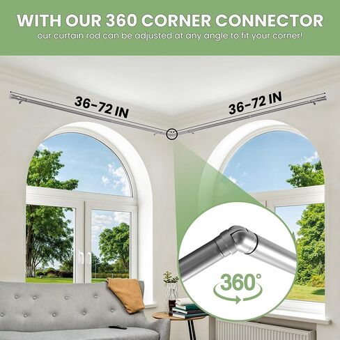 Adjustable Silver Corner Curtain Rod 36-72 Inch for Windows – Decorative Curtain Rods with 360° Rotating Connector Fit All Curtain Types / Rooms in Saudi Arabia