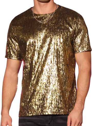 تي شيرت Lars Amadeus Metallic للرجال برقبة دائرية وأكمام قصيرة لامعة لامعة in Kuwait