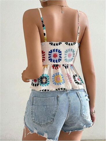 WDIRARA Women's Boho Print Spaghetti Strap Asymmetrical Hem Peplum Summer Cami Tops in Saudi Arabia