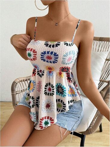 WDIRARA Women's Boho Print Spaghetti Strap Asymmetrical Hem Peplum Summer Cami Tops in Saudi Arabia