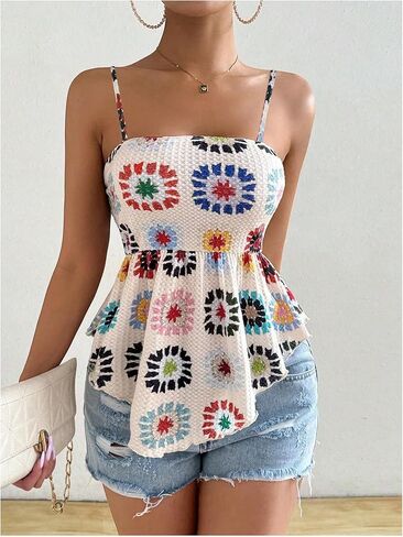 WDIRARA Women's Boho Print Spaghetti Strap Asymmetrical Hem Peplum Summer Cami Tops in Saudi Arabia