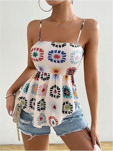 WDIRARA Women's Boho Print Spaghetti Strap Asymmetrical Hem Peplum Summer Cami Tops in Saudi Arabia