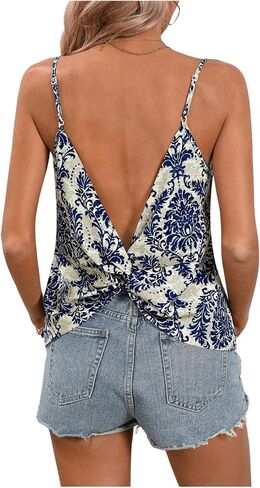SOLY HUX Women's Geometric Print Twist Backless Cami Top V Neck Spaghetti Strap Summer Tops in Saudi Arabia
