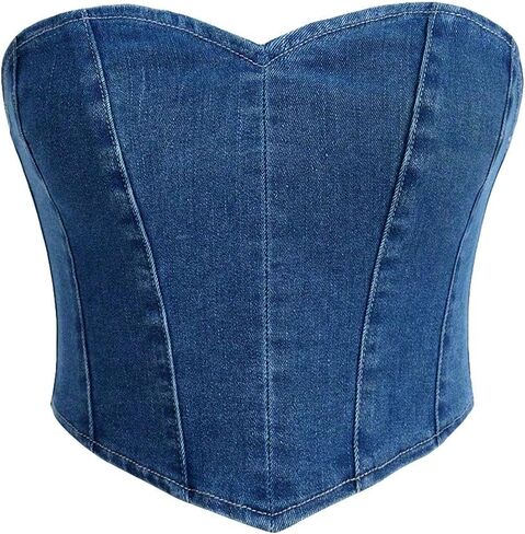 Milumia Women's Hanky Hem Denim Tube Top Zipper Back Strapless Corset Crop Tops in Saudi Arabia