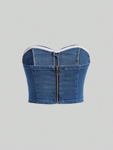Milumia Women's Hanky Hem Denim Tube Top Zipper Back Strapless Corset Crop Tops in Saudi Arabia