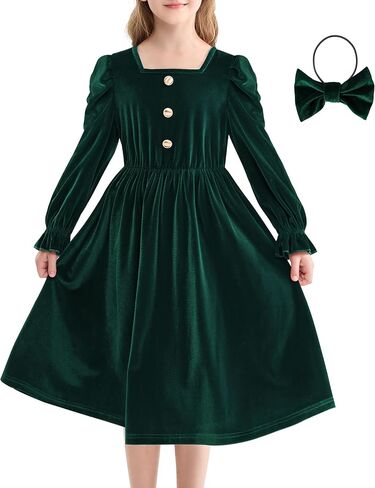 Rolanko Girls Velvet Fall Dress Square Neck Puff Long Sleeve Christmas Party Dress Kids with Pockets 5-12 Y in Kuwait