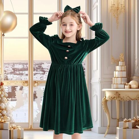 Rolanko Girls Velvet Fall Dress Square Neck Puff Long Sleeve Christmas Party Dress Kids with Pockets 5-12 Y in Kuwait