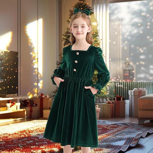 Rolanko Girls Velvet Fall Dress Square Neck Puff Long Sleeve Christmas Party Dress Kids with Pockets 5-12 Y in Kuwait