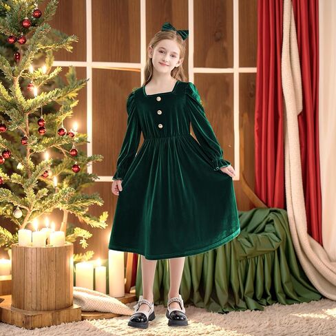 Rolanko Girls Velvet Fall Dress Square Neck Puff Long Sleeve Christmas Party Dress Kids with Pockets 5-12 Y in Kuwait