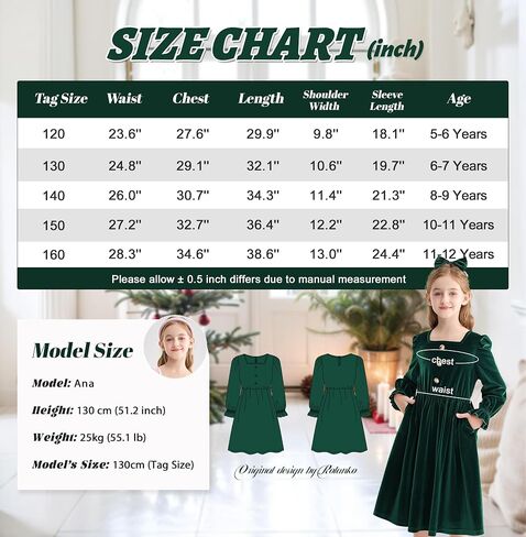 Rolanko Girls Velvet Fall Dress Square Neck Puff Long Sleeve Christmas Party Dress Kids with Pockets 5-12 Y in Kuwait