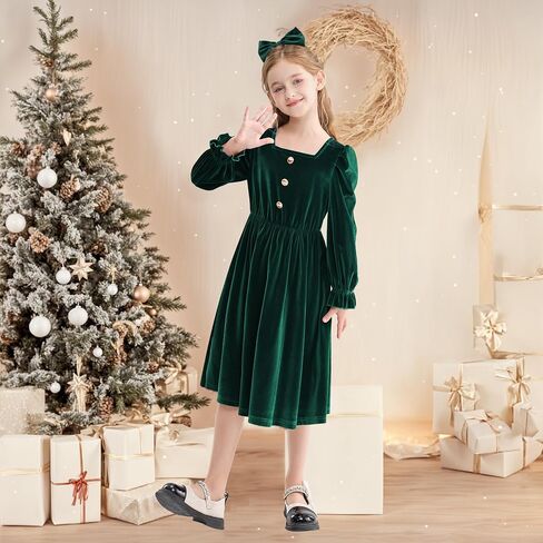 Rolanko Girls Velvet Fall Dress Square Neck Puff Long Sleeve Christmas Party Dress Kids with Pockets 5-12 Y in Kuwait