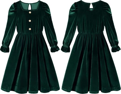 Rolanko Girls Velvet Fall Dress Square Neck Puff Long Sleeve Christmas Party Dress Kids with Pockets 5-12 Y in Kuwait